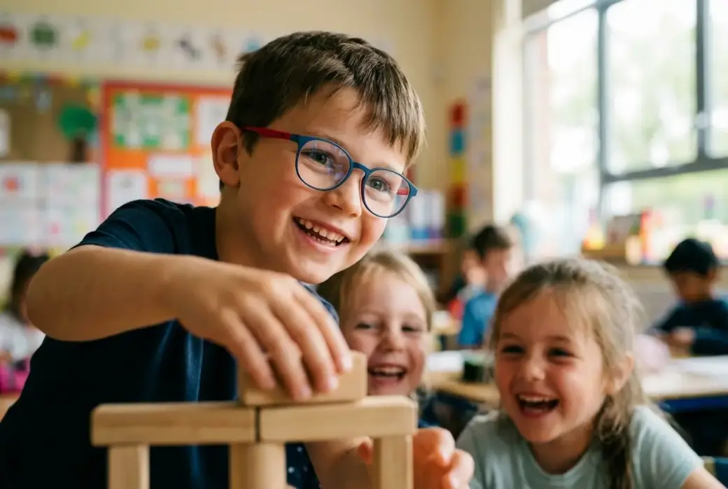 Un bambino con gli occhiali gioca in classe con i compagni